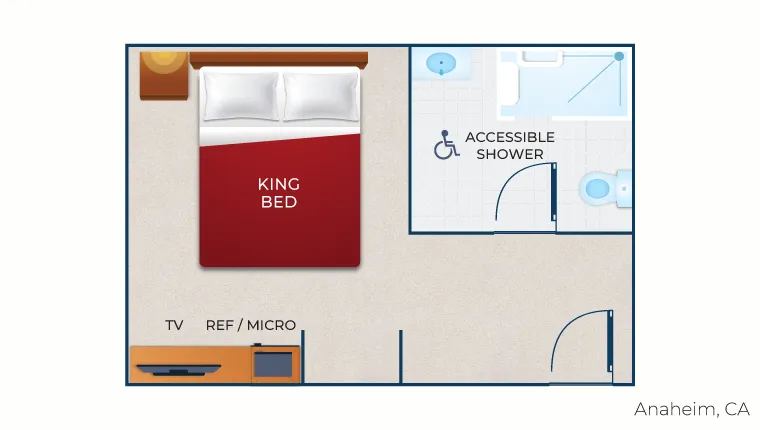 The floor plan for the King Suite (Accessible Shower) 